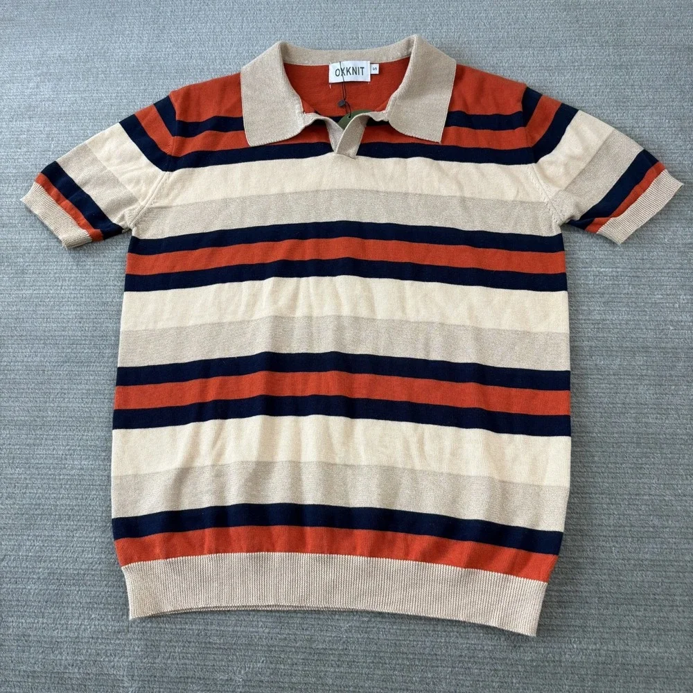 Oxknit Polo Sweater Men S Striped Beige Blue Striped Collar Retro 70s Knit